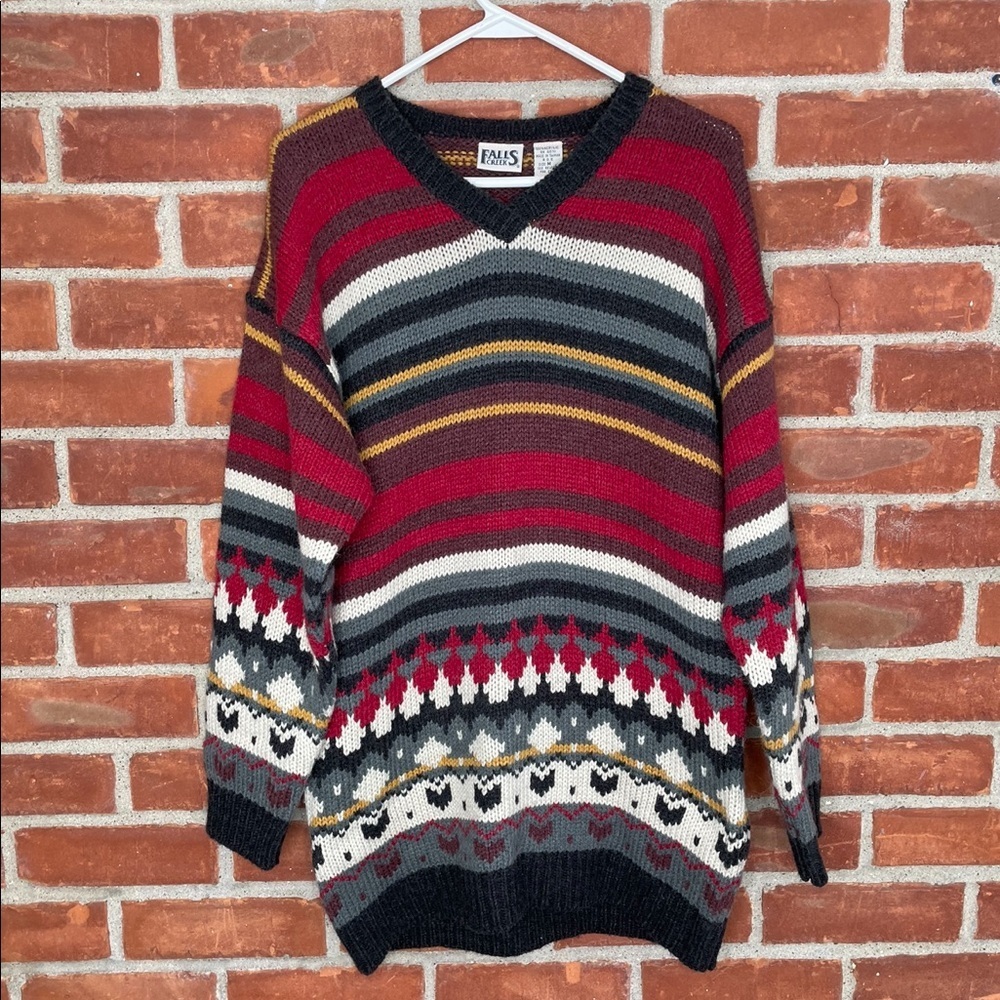 Vintage 90s chunky knit oversized patterned print V-neck sweater - Picture 2 of 6